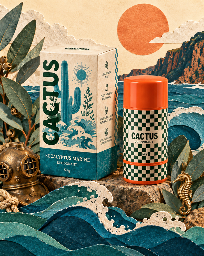 Eucalyptus Marine deodorant in a paper-cut coastal scent world