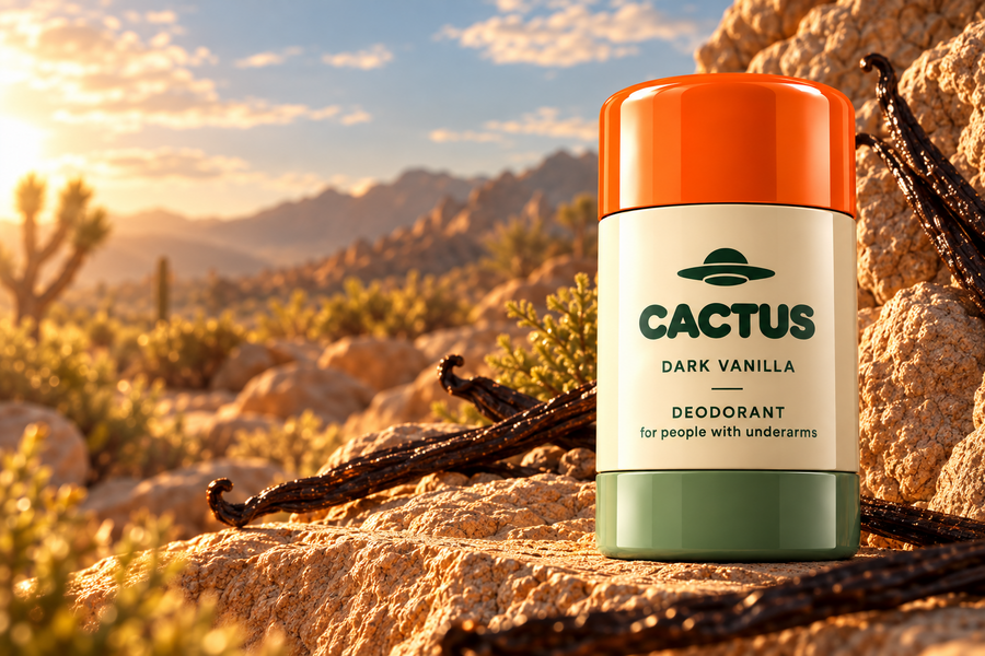 Dark Vanilla deodorant in a warm desert vanilla landscape