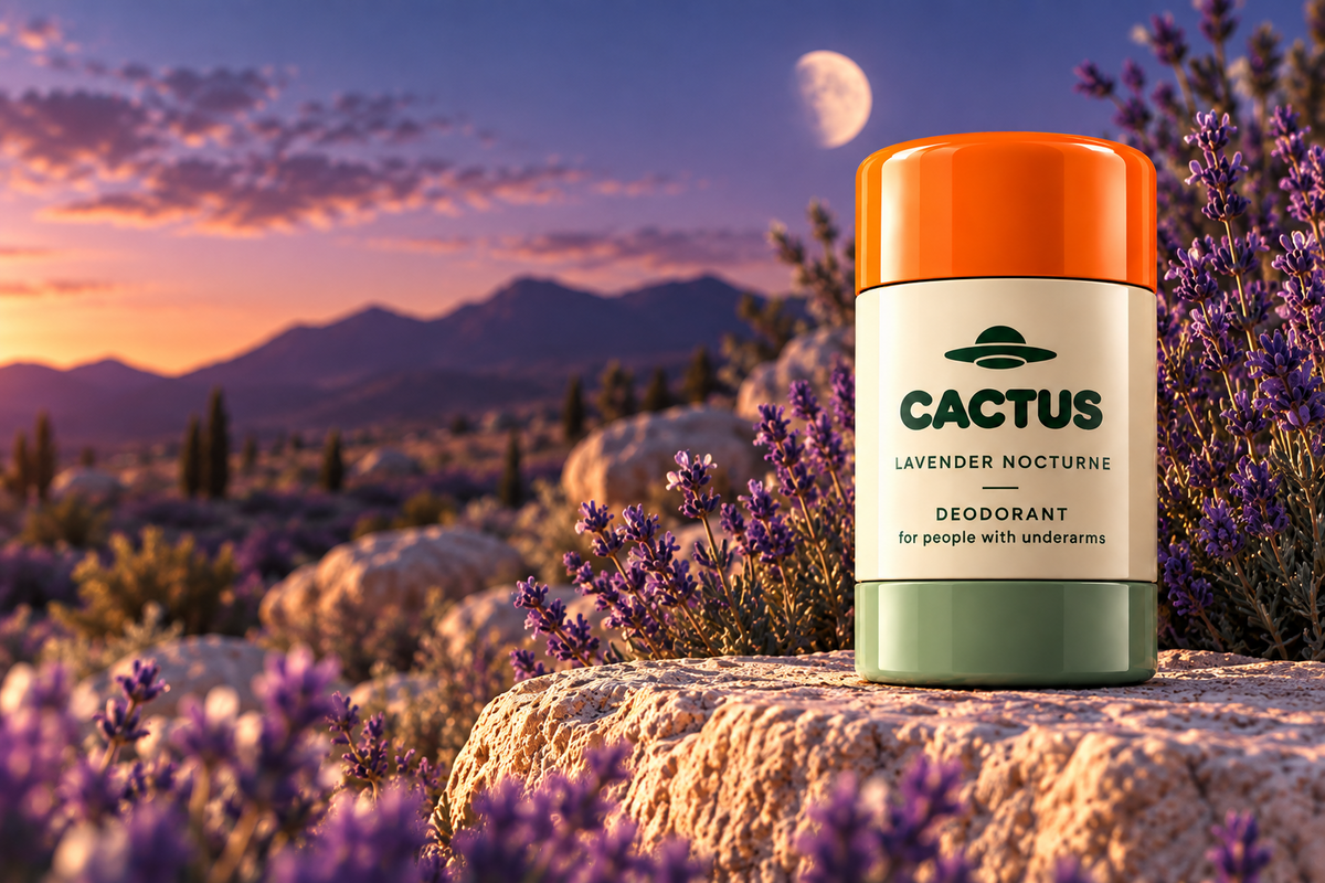 Lavender Nocturne deodorant in a dusk lavender landscape
