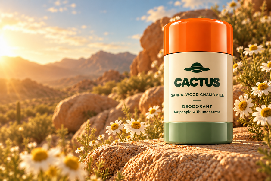 Sandalwood and Chamomile deodorant in a sunny chamomile landscape